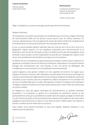 Une lettre de motivation d'un aspirant agent technique de l'environnement