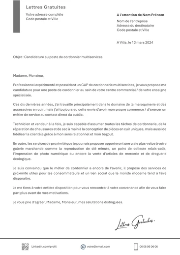 Une lettre de motivation d'un employé de cordonnerie