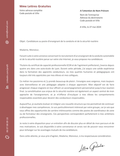 Une lettre de motivation d'un moniteur d'auto-école