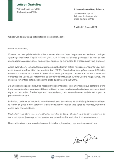 Une lettre de motivation d'un professionnel de l'horlogerie