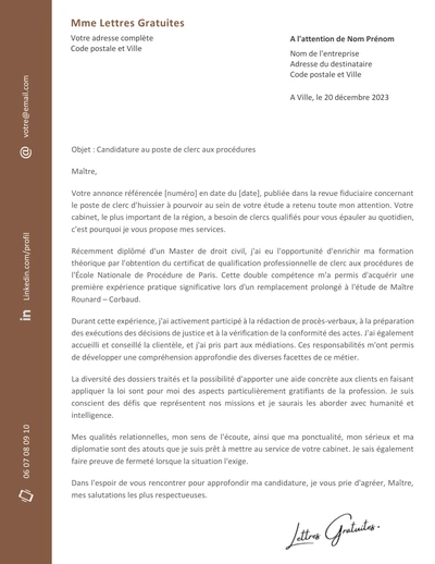 Une lettre de motivation d'un clerc d'huissier de justice