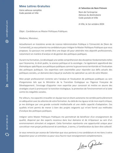 Une lettre de motivation pour un Master Politiques Publiques