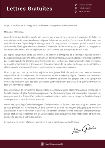 Une lettre de motivation pour un Master Innovation Entreprise et Société