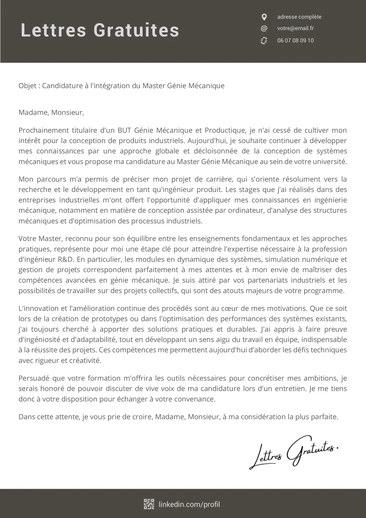 Une lettre de motivation pour un Master Génie Mécanique