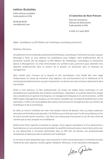 Une lettre de motivation pour le BTS Esthétique MECP