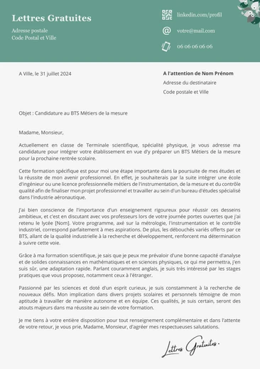 Une lettre de motivation pour le BTS Métiers de la Mesure