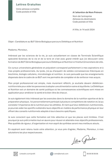 Une lettre de motivation pour le BUT Génie Biologique