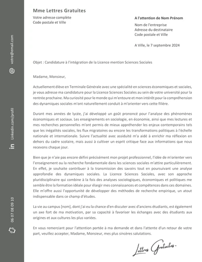 Une lettre de motivation pour la Licence Sciences Sociales