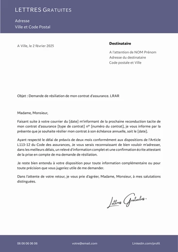 Une lettre de résiliation d'une assurance à l'échéan