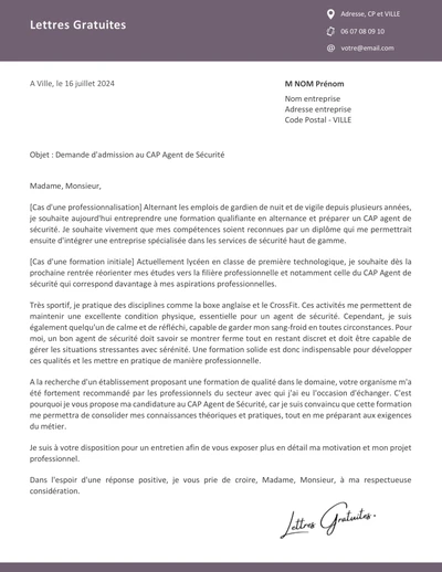 Une lettre de motivation pour le CAP Agent de sécurité