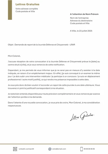 Un exemple de mail pour changer la date de sa JDC
