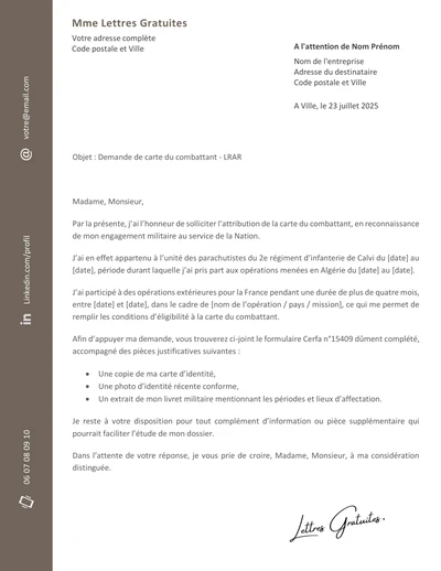 Une lettre de demande de carte d'ancien combattant