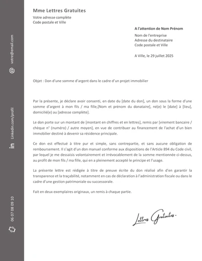 Une lettre de donation d'argent