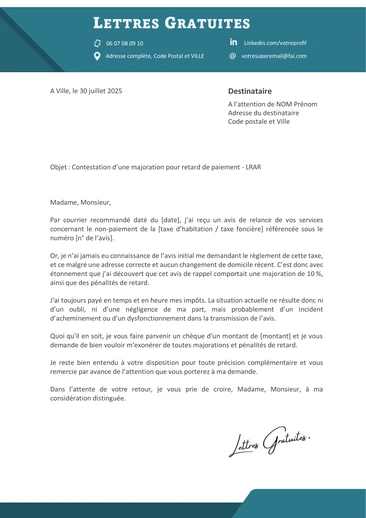 Une lettre de contestation d'une majoration d'impôt