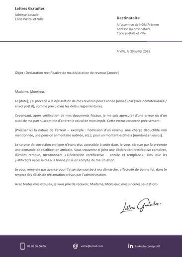 Une lettre de rectification d'une déclaration aux impôts