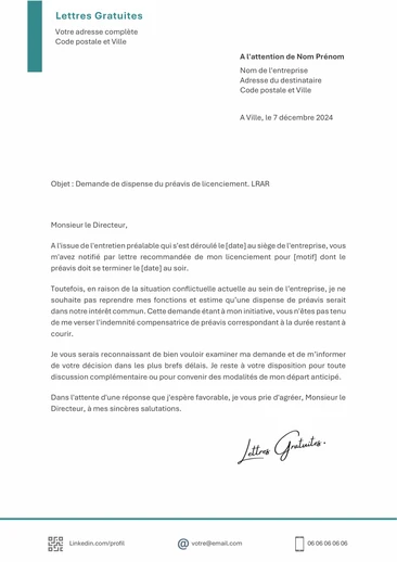 Lettre pour demander une dispense du préavis de licenciement