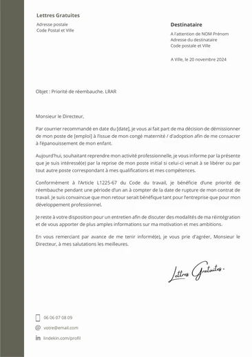 Une lettre pour demander sa réintégration après une démission