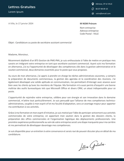 Une lettre de motivation d'un secrétaire assistant commercial