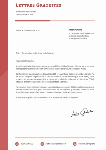 Une lettre pour infirmer de son absence après sa convocation comme jur&am