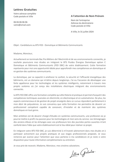 Une lettre de motivation pour le BTS FED option DBC