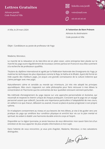 Une lettre de motivation d'un prof de Yoga et Pilates