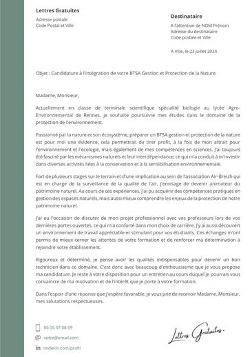 Une lettre de motivation pour le BTSA GPN