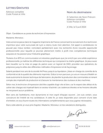 Une lettre de motivation d'un conducteur de machine à imprimer