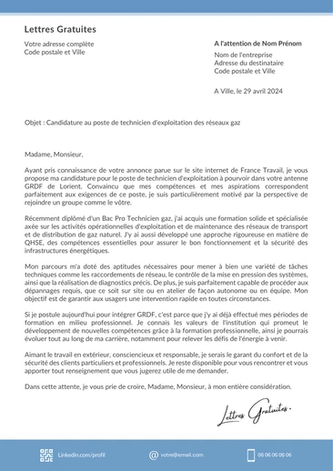 Une lettre de motivation d'un technicien GRDF