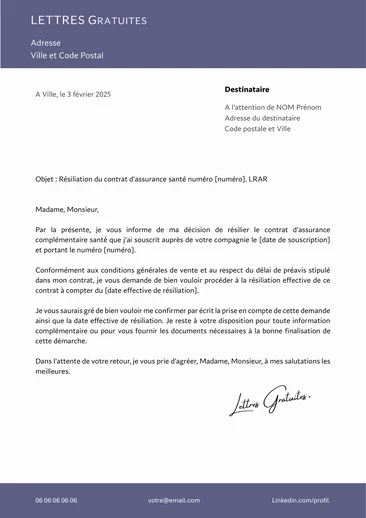 Une lettre de résiliation d'une mutuelle santé