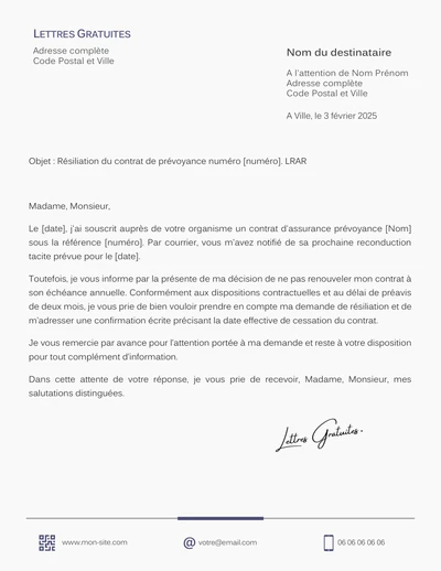 Une lettre de résiliation d'un contrat de prévoyance