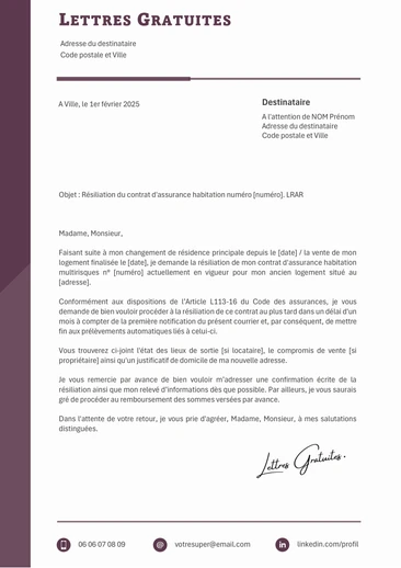 Une lettre de résiliation d'une assurance habitation