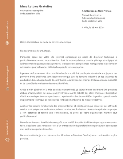 Une lettre de motivation d'un directeur technique