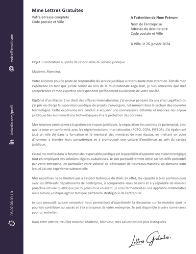 Une lettre de motivation d'un responsable juridique