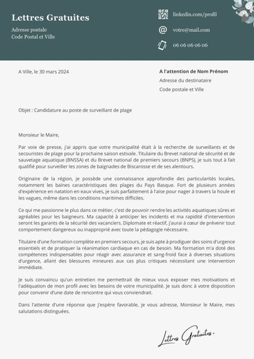 Une lettre de motivation d'un surveillant de baignade