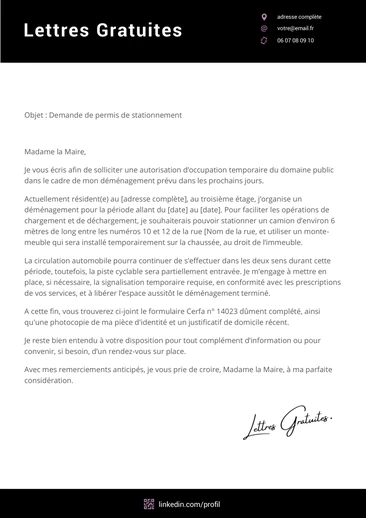 Une lettre de demande d'autorisation de stationnement sur la voie publique