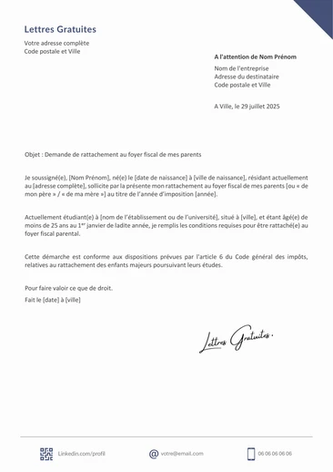 Une lettre de demande de rattachement au foyer fiscal