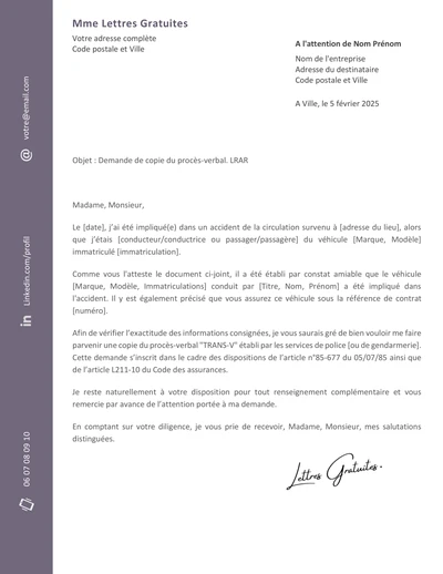 Une lettre de demande du PV d'un accident