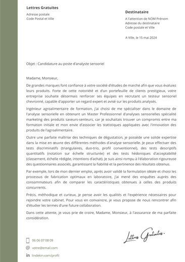 Une lettre de motivation d'un analyste sensoriel