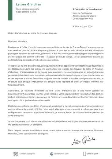 Une lettre de motivation d'un élagueur