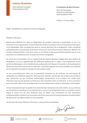 Une lettre de motivation d'un technicien en sérigraphie