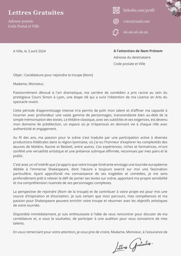 Une lettre de motivation d'un acteur de théâtre