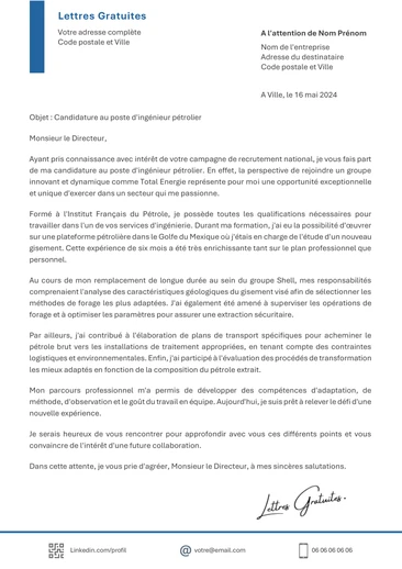 Une lettre de motivation d'un Ingénieur pétrolier