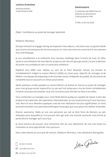 Une lettre de motivation d'un chef d'équipe luxe