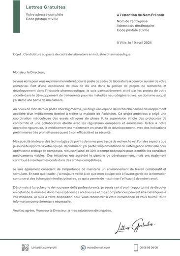 Une lettre de motivation d'un cadre de laboratoire