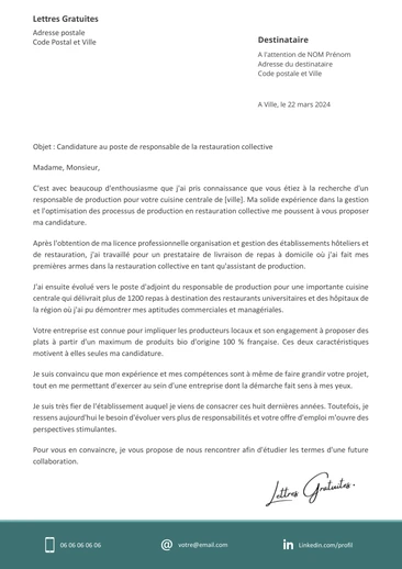 Une lettre de motivation d'un responsable de restauration collective