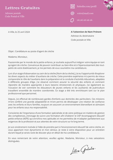 Une lettre de motivation d'un agent de crèche sans diplôme