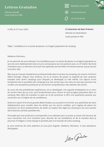 Une lettre de motivation pour travailler dans un camping