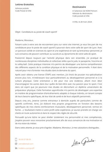 Une lettre de motivation d'un coach sportif