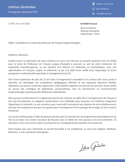 Une lettre de motivation d'un enseignant FLE - FLS