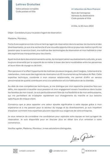 Une lettre de motivation d'un agent de réservation